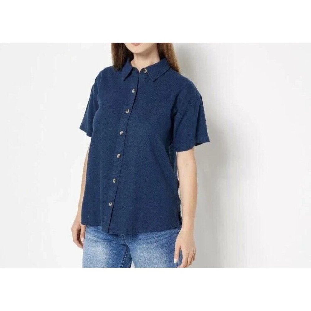 Studio Park x Courtney  Button Button-Front Linen-Blend Top Navy Medium A491910